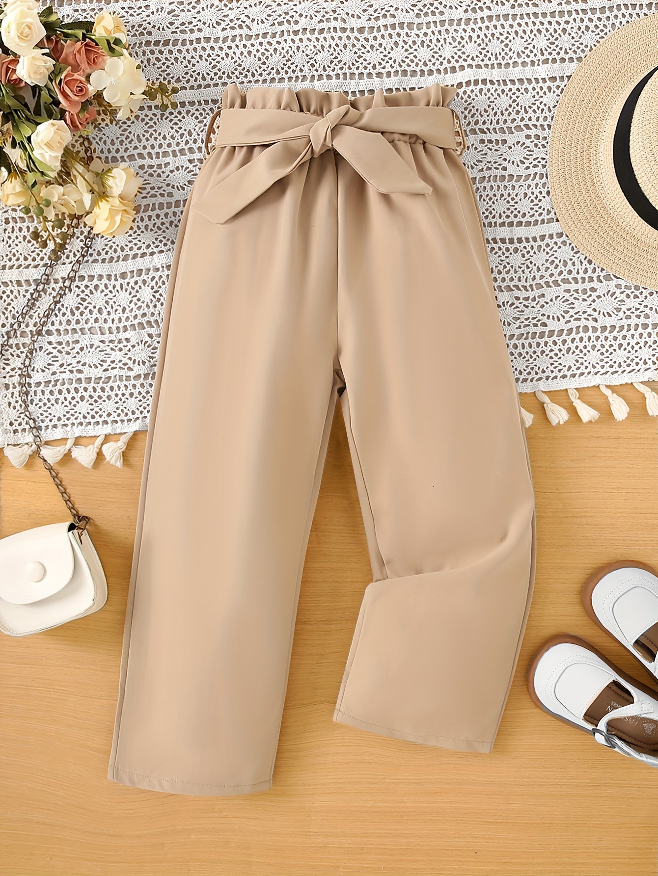 Girls' Casual Straight Leg Belted Pants in Solid Color