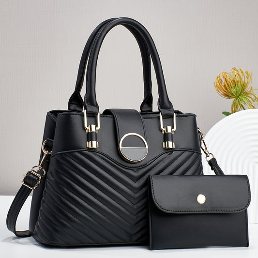 Elegant Large Capacity Black PU Tote Bag with Adjustable Strap