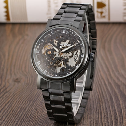 1pc T-WINNER Men'S Luxury Skeleton Automatic Mechanical Watch with Luminous Hands, Black Stainless Steel Strap & Roman Numerals - 3ATM High Quality, Business Casual Style, Includes Gift Box, Business Casual Watch | Skeleton W