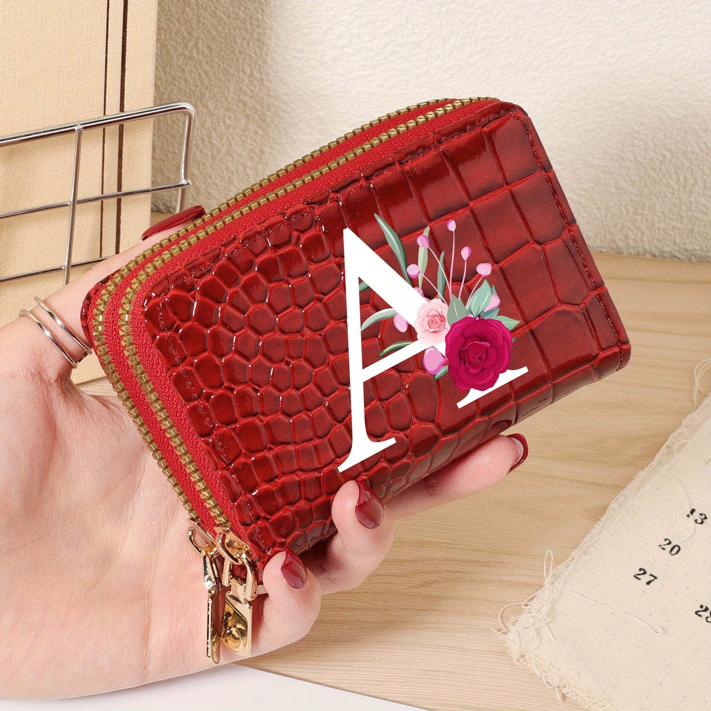 Minimalist Women'S Short Wallet Featuring a Double Zipper Design, with a Crocodile A-Z Letter Pattern. This Stylish Handbag Also Serves As a Fashionable Coin Wallet, Perfect for Travel, Back-To-School, Or Parties.