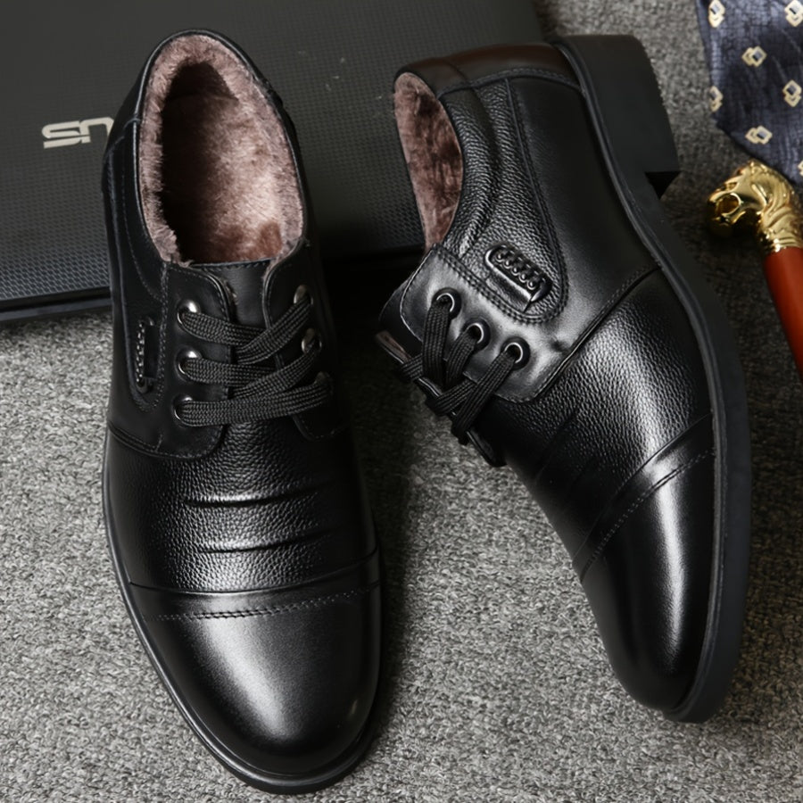 Men'S Genuine Leather Winter Warm Business Casual Shoes - Rubber Sole, Lace-Up Low-Top Design with Fabric Lining for All-Day Comfort, Black Solid Color for Office & Daily Wear