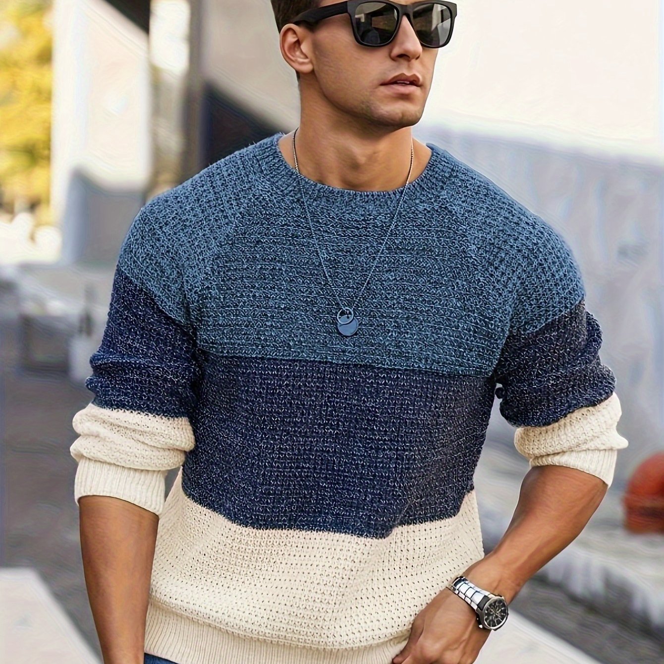 Men's Autumn and Winter Color Block Knit Sweater, Crew Neck Pullover