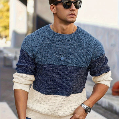 Men's Autumn and Winter Color Block Knit Sweater, Crew Neck Pullover