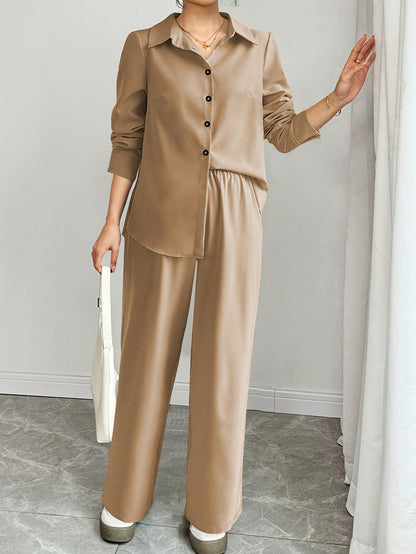 Women's Solid Color Pleated Long Sleeve Shirt + Pants Set for Spring and Autumn