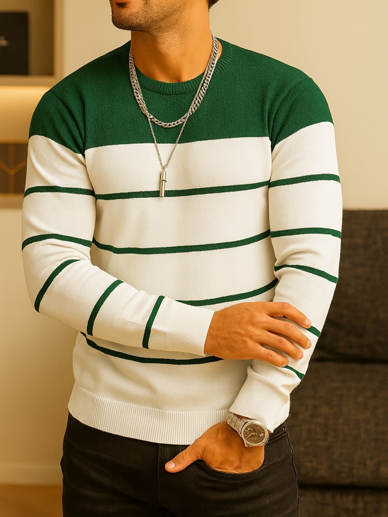 Men'S All-Season Knit Sweater - Soft Stretchy Pullover with Black & Grey Horizontal Stripes, Anti-Pilling Fabric for Everyday & Formal Wear - Year-Round Layering Essential for Office, Casual Outfits, Sweater, Office Attire, C