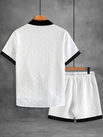Men's Summer Casual Color-Blocked Button-Up Shirt & Shorts Set