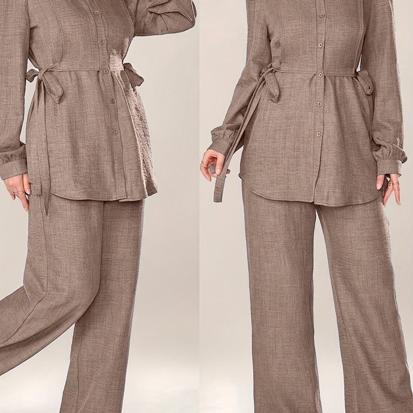Women'S Stylish Two-Piece Set - Elegant Long Sleeve Shirt with Tie Waist and Wide Leg Pants, Perfect for Office Wear, Office Attire|Elegant Two-Piece Set|Polyester Fabric