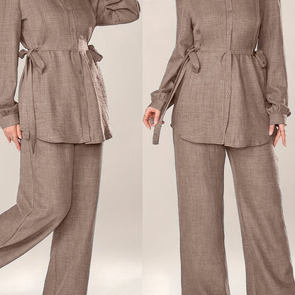 Women'S Stylish Two-Piece Set - Elegant Long Sleeve Shirt with Tie Waist and Wide Leg Pants, Perfect for Office Wear, Office Attire|Elegant Two-Piece Set|Polyester Fabric
