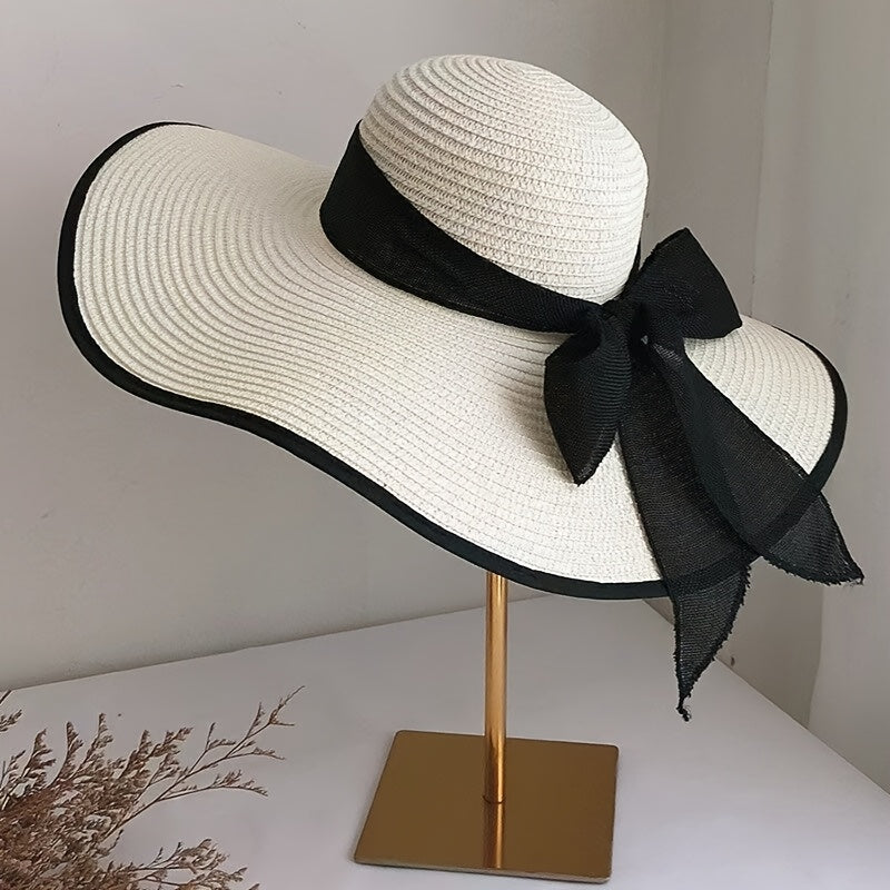 Elegant Women'S Wide Brim Straw Sun Hat with Black Bow - Stylish & Breathable Beach Hat for Summer, Ladies' Beach Accessory with Paper Straw Design, Beach Accessories|Bowknot Adornment|Paper Straw Material