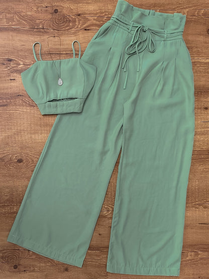 Elegant Mint Green Off-Shoulder Top and Tie-Waist Wide-Leg Pants Set