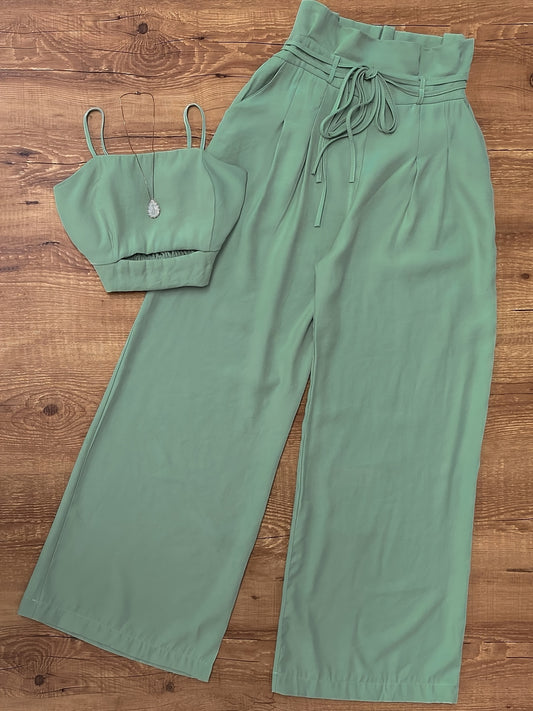 Elegant Mint Green Off-Shoulder Top and Tie-Waist Wide-Leg Pants Set