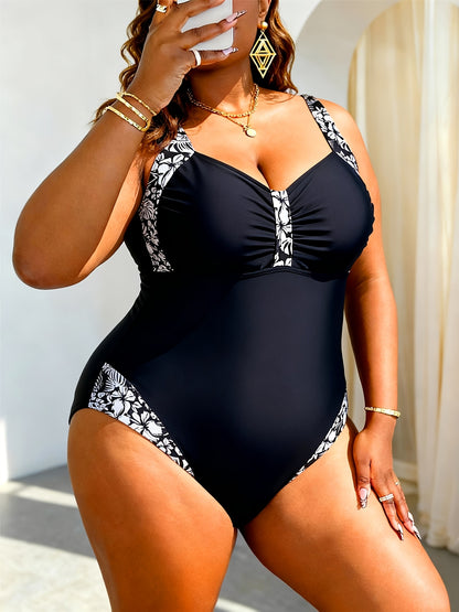 Plus Size Women's One-Piece Swimsuit with Stylish Marble Print