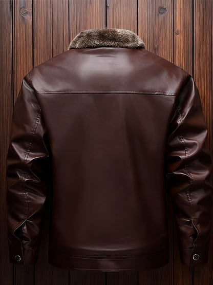 Men'S Faux Leather Jacket with Fleece Lining, a Warm Winter Coat Featuring a Stand Collar And Zip Closure, Stylish Casual Menswear, Available in Black/Brown Fashionable Motorcycle Jacket, Windproof And Warm, Perfect for Cold