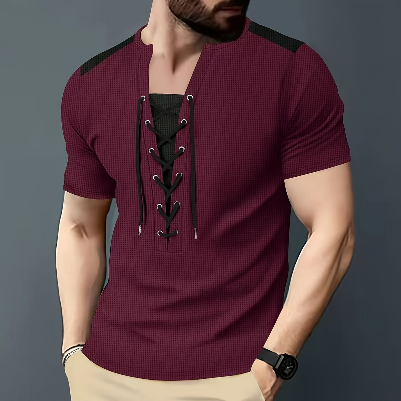 Men'S Casual Waffle Knit Short Sleeve T-Shirt with Drawstring Detail - Maroon  Black, Round Neck, Breathable Polyester Fabric for Summer Outings, Casual Weekend Wear   Round Neck Tee   Stylish Contrast Stitchin