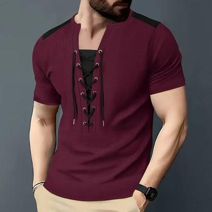 Men'S Casual Waffle Knit Short Sleeve T-Shirt with Drawstring Detail - Maroon  Black, Round Neck, Breathable Polyester Fabric for Summer Outings, Casual Weekend Wear   Round Neck Tee   Stylish Contrast Stitchin