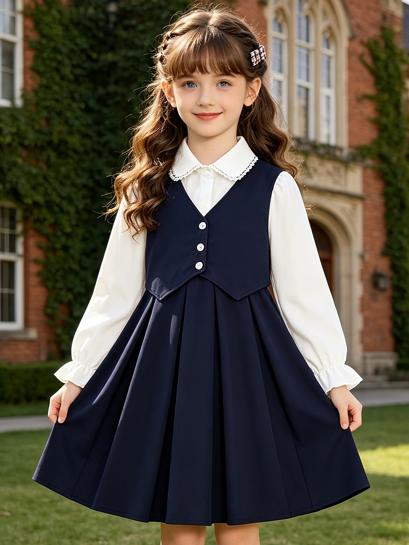 Girls' Preppy 2-in-1 School Uniform Dress with Lace Vest