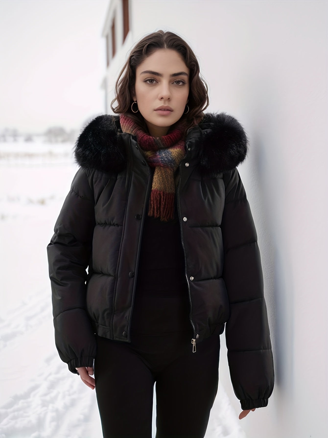 Women'S Winter Coat with Removable Faux Fur Hood - Thickened Loose Fit Long Sleeve Jacket, Zippered Pockets & Button Front, Casual Solid Color Outerwear for Cold Weather, Cozy Warmth, Buttoned Closure, Durable Fabric