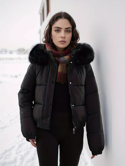 Women'S Winter Coat with Removable Faux Fur Hood - Thickened Loose Fit Long Sleeve Jacket, Zippered Pockets & Button Front, Casual Solid Color Outerwear for Cold Weather, Cozy Warmth, Buttoned Closure, Durable Fabric