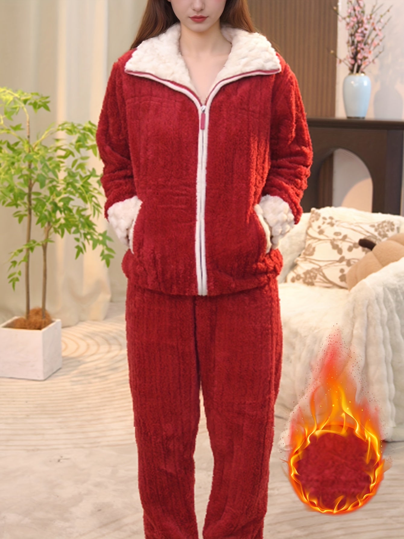 Winter Women'S Thickened Warm Long Sleeve Pants Set, Zip-Up Cardigan Top with Pockets and Comfortable Casual Trousers