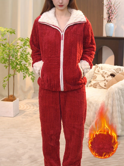 Winter Women'S Thickened Warm Long Sleeve Pants Set, Zip-Up Cardigan Top with Pockets and Comfortable Casual Trousers