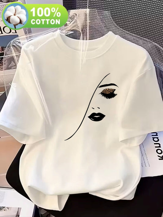 Women's Casual Cotton Crew Neck T-Shirt with Abstract Print - ayq
