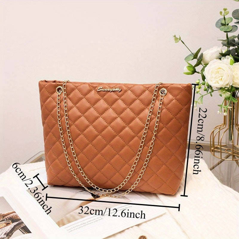 1pc Women's Large Capacity Bucket Bag - Chunky Chain Strap Shoulder Bag with Buckle Closure, Armpit/ Grid (Choose), Casual to Dressy Tote Suitable for Women