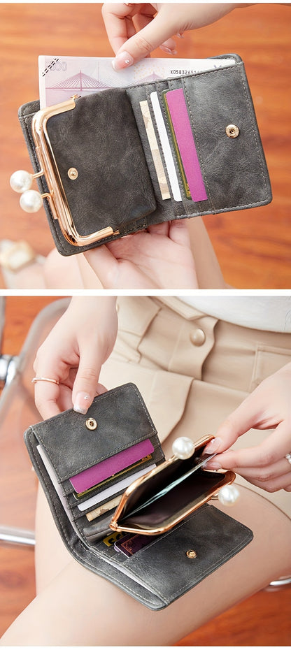 Women's Wallet Short Compact Three Layer LargeCapacity Retro Pearl Wallet High Quality PU Multi Card Seat/Coin ZeroWallet