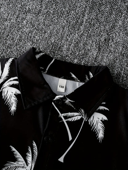 2pcs Boys Casual Coconut Tree Graphic Print Short Sleeve Lapel Shirt & Shorts Set, Comfy Summer Boys Clothing For Daily & Outdoor Wear