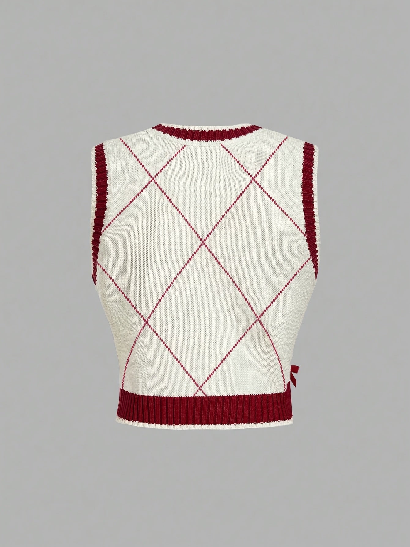 Women'S Casual Geometric Pattern Vest with Red Bow Detail - & Red Color Block Design, Round Neck, Long Sleeve, All-Season Layering Piece, Casual Wear, |geometric Pattern Vest|sleeve Vest, Sweater Vest