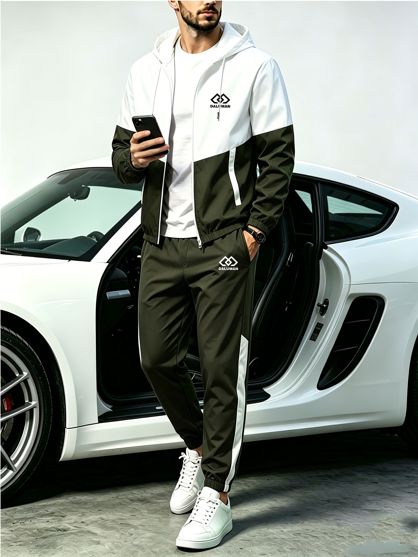 Men's Spring-Fall Patchwork Athletic Hooded Jogger Set