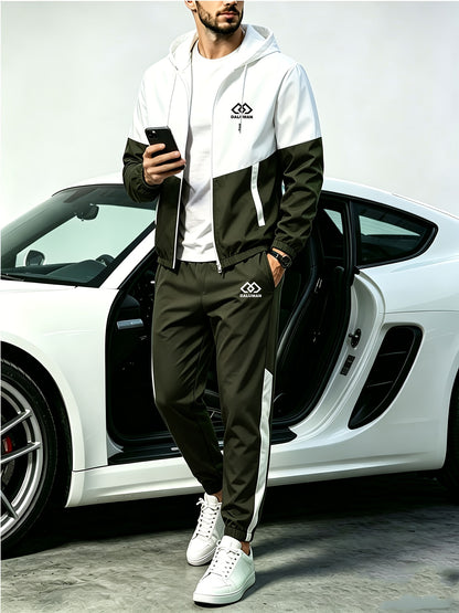 Men's Spring-Fall Patchwork Athletic Hooded Jogger Set