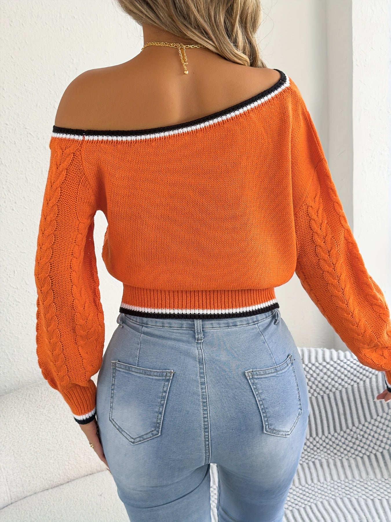 Autumn and Winter Casual Vacation Off-Shoulder Long Sleeve Pullover Sweater with Waist Cinching Striped Cable Stitch Women's Cardigan