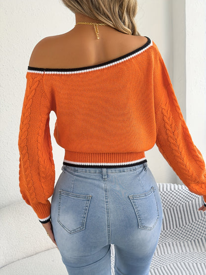 Autumn and Winter Casual Vacation Off-Shoulder Long Sleeve Pullover Sweater with Waist Cinching Striped Cable Stitch Women's Cardigan