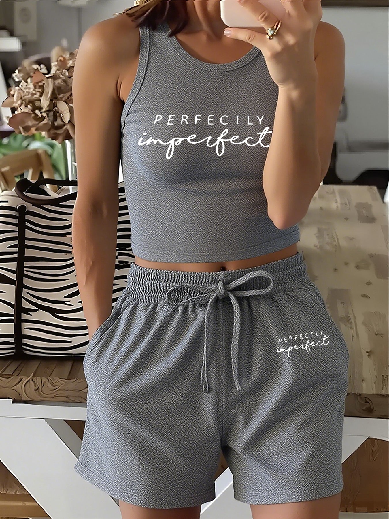 Women's Casual Vest and Shorts Set with Drawstring and Pockets