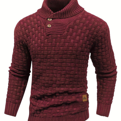 Men's Casual Waffle Pattern High Stretch Sweater, Chic Mature Pullover Sweater For Fall Winter