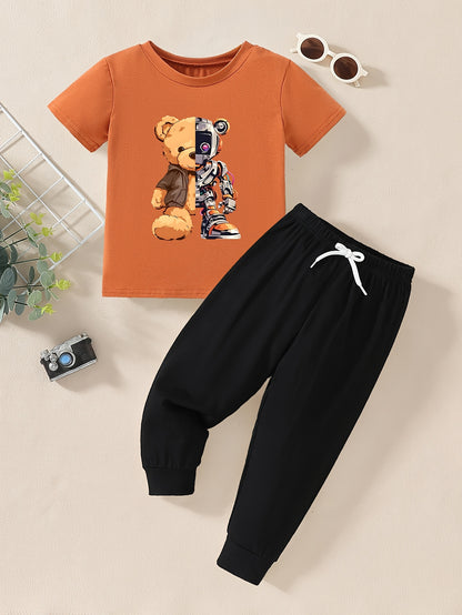 Boys' Casual Cotton T-Shirt and Pants Set with Doll Print