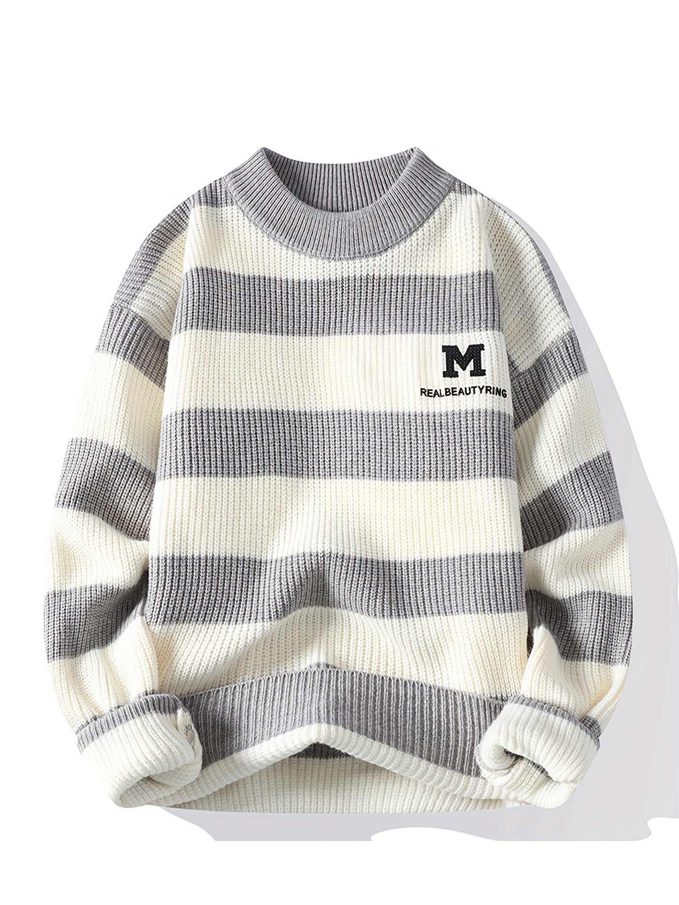 Men's 2025 Autumn/Winter Striped Sweater for Youth with Color Block Round Neck Casual Warm Knitwear