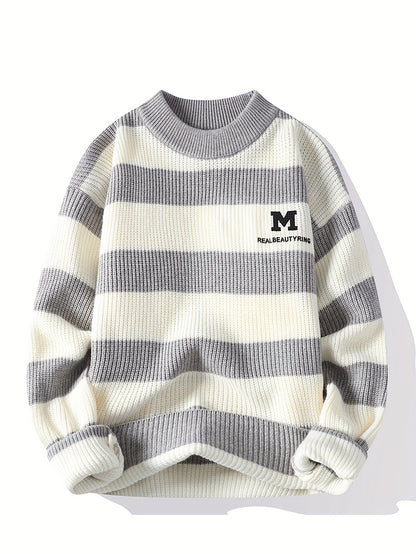 Men's 2025 Autumn/Winter Striped Sweater for Youth with Color Block Round Neck Casual Warm Knitwear
