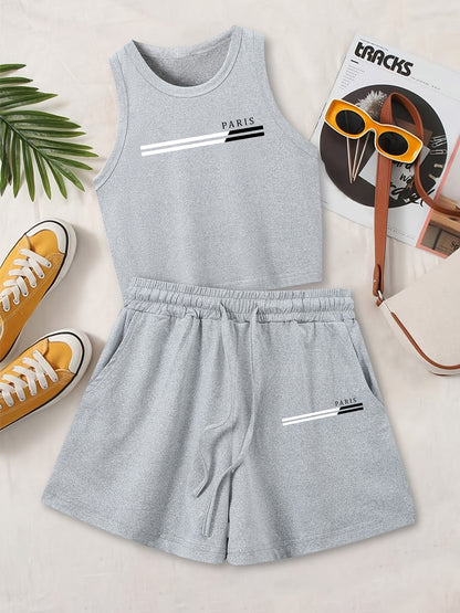 Women's Casual Two-Piece Set | Sleeveless Vest & Drawstring Shorts