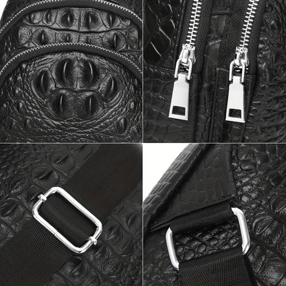 SCHLATUM Genuine Leather Crocodile Pattern Sling Bag - Black, Large-Capacity Multifunctional Crossbody Backpack for Travel, Sports  Camping, Stylish Zipper Closure Design
