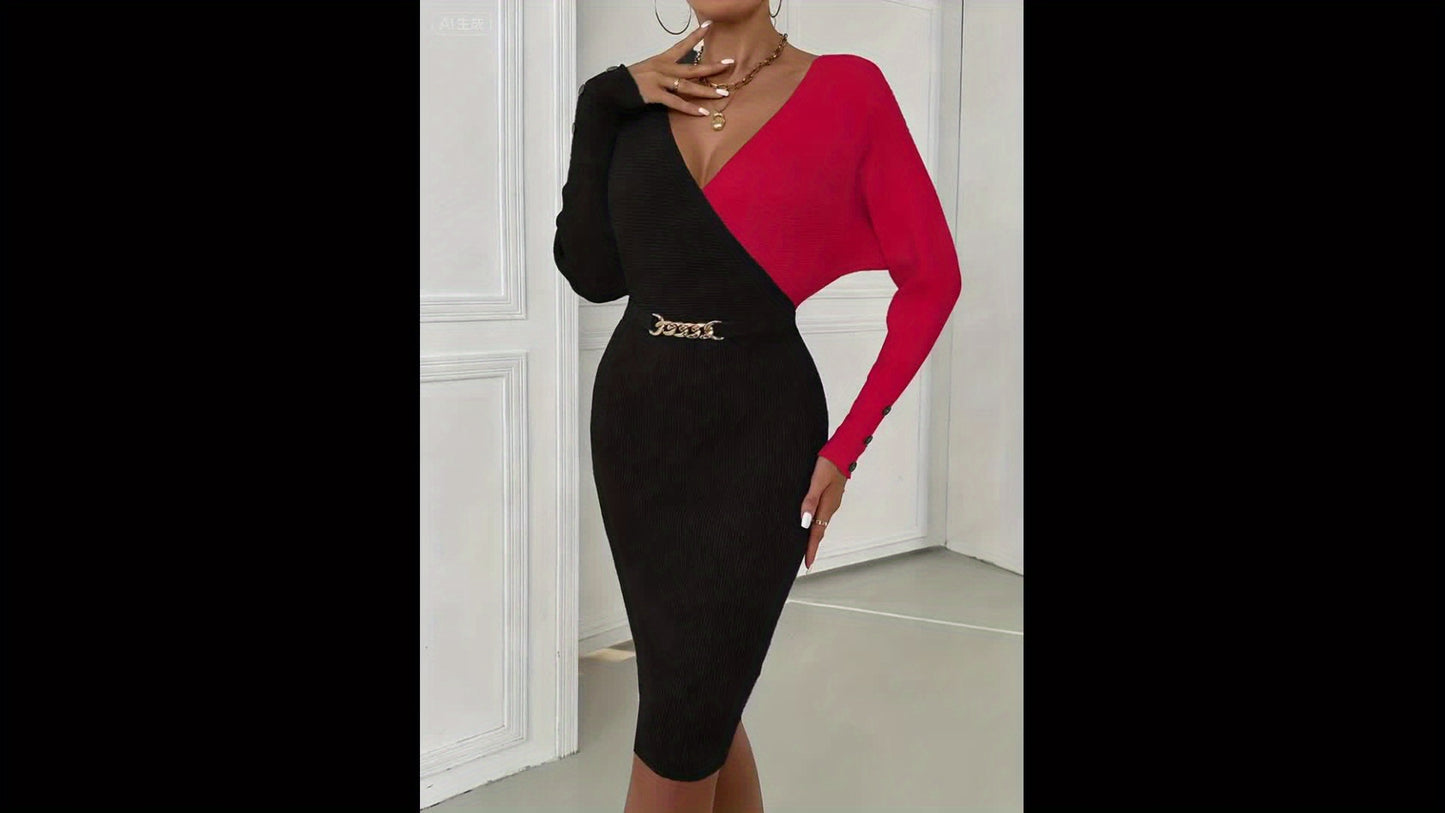 Color Block Deep V Neck Knitted Dress, Sexy Chain Waist Long Sleeve Midi Dress, Women's Clothing