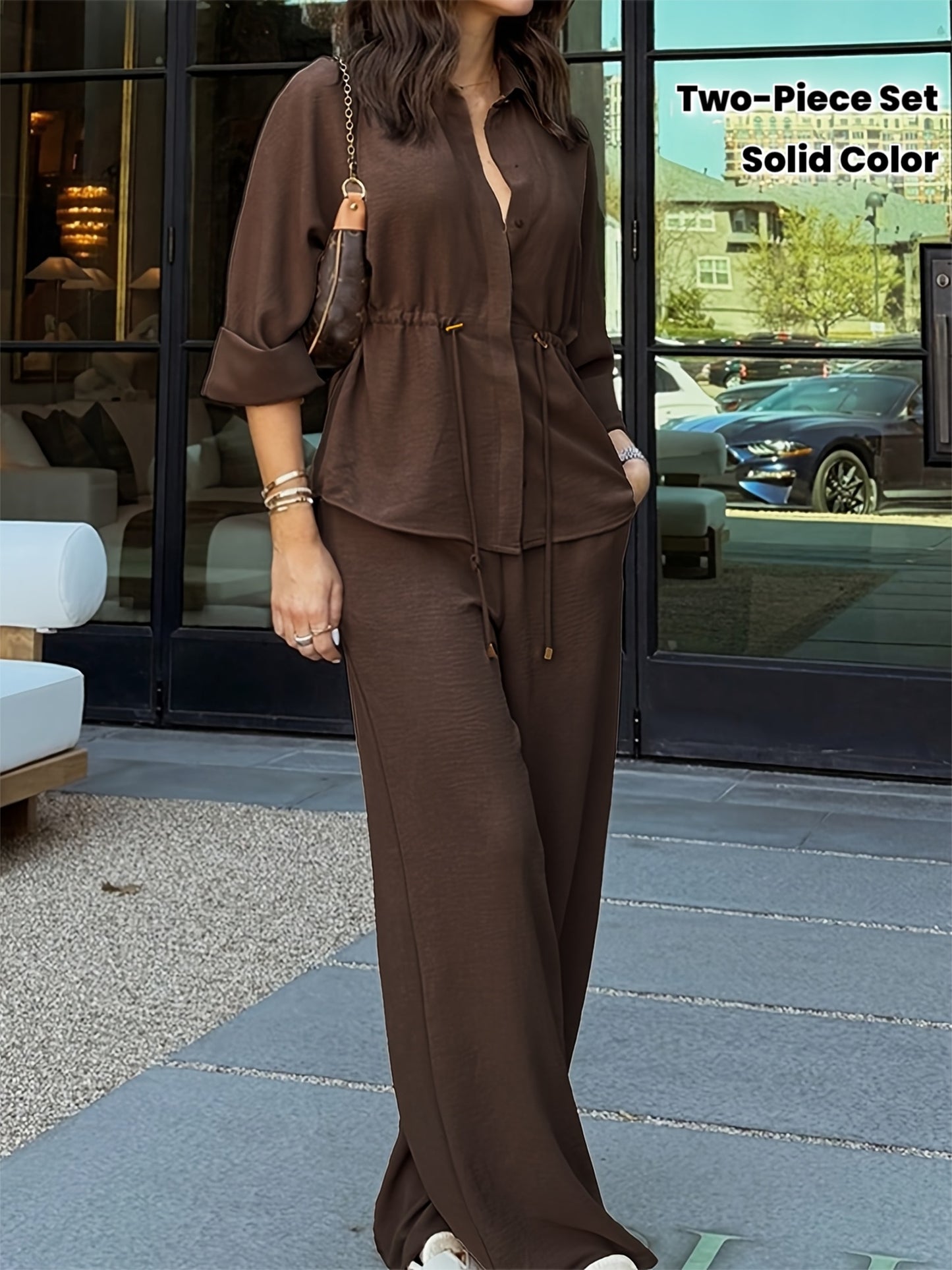 Women'S Spring And Autumn Solid Color Casual Minimalist Button-Up Shirt with Waist Drawstring Design And Vintage French Style Long Sleeves, Paired with Wide-Leg Pants in a Two-Piece Set - ayq