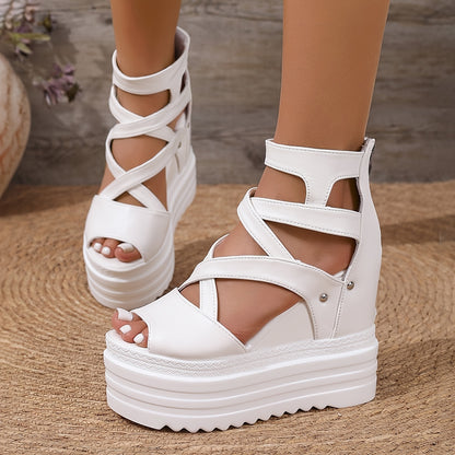 Women's White Faux Cover Wedge Sandals - 12cm Extra High Heel, Peep Toe with Cut-Out Design, Glossy Finish, Back Zipper Closure for Casual  Stylish Wear, Ladies Shoes And Sandals