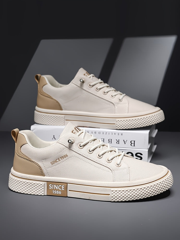 Men's Casual Low-Top Sneakers - Breathable Fabric  Durable PVC Sole, Black  Beige Contrast Design, Lace-Up Round Toe for All-Season Comfort, Versatile for Casual  Semi-Formal Wear, Comfortable Footwear, Fabric Upper