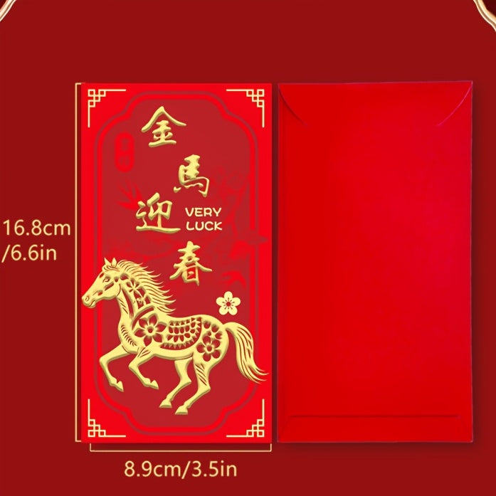 6 Golden Horse Year of the Horse Red Envelopes - Traditional Chinese New Year Gift Bags with Golden Horses, Money for Spring Festival, Paper Currency For Chinese New Year, Graduation, Thanksgiving, New Year