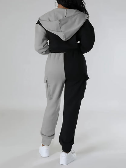 Women's Color-Block Hooded Casual Set for Fall Winter