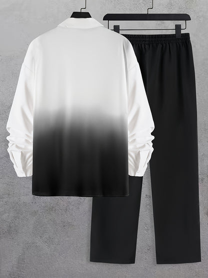 Men's Trendy Gradient Print Collar Long Sleeve Shirt and Pants Fashion Set