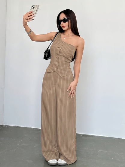 Women's Striped Off-Shoulder Vest & Wide-Leg Pants Set