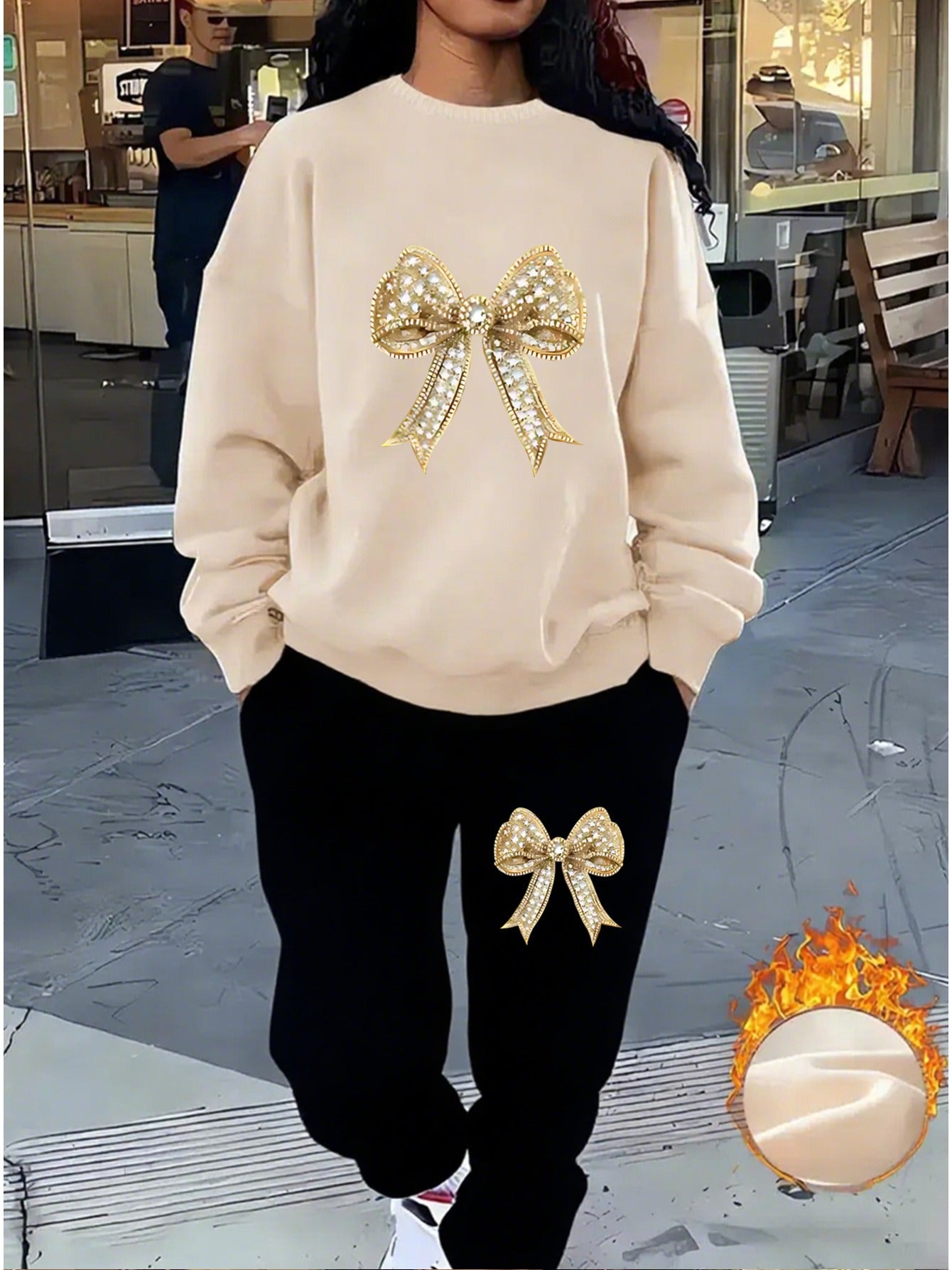 Women'S Sparkling Bow Print Sweatshirt and Pants Set - Casual Long Sleeve Pullover with Glittery Bow Design, Black and Gray, Perfect for Casual Attire, Casual Wear|Sparkling Bow Design|Stretchy Fabric