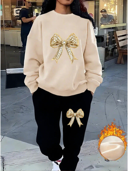 Women'S Sparkling Bow Print Sweatshirt and Pants Set - Casual Long Sleeve Pullover with Glittery Bow Design, Black and Gray, Perfect for Casual Attire, Casual Wear|Sparkling Bow Design|Stretchy Fabric
